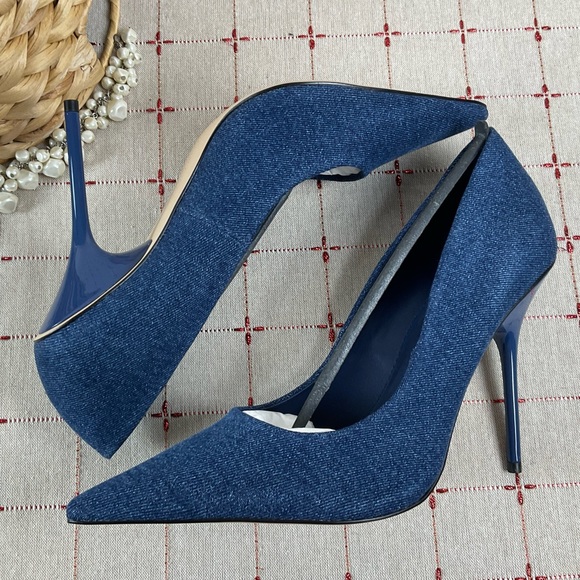 GOOD AMERICAN “Emma” Denim Heel Ultra High Blue Denim Stilettos Sz 10.5 New - Picture 7 of 9